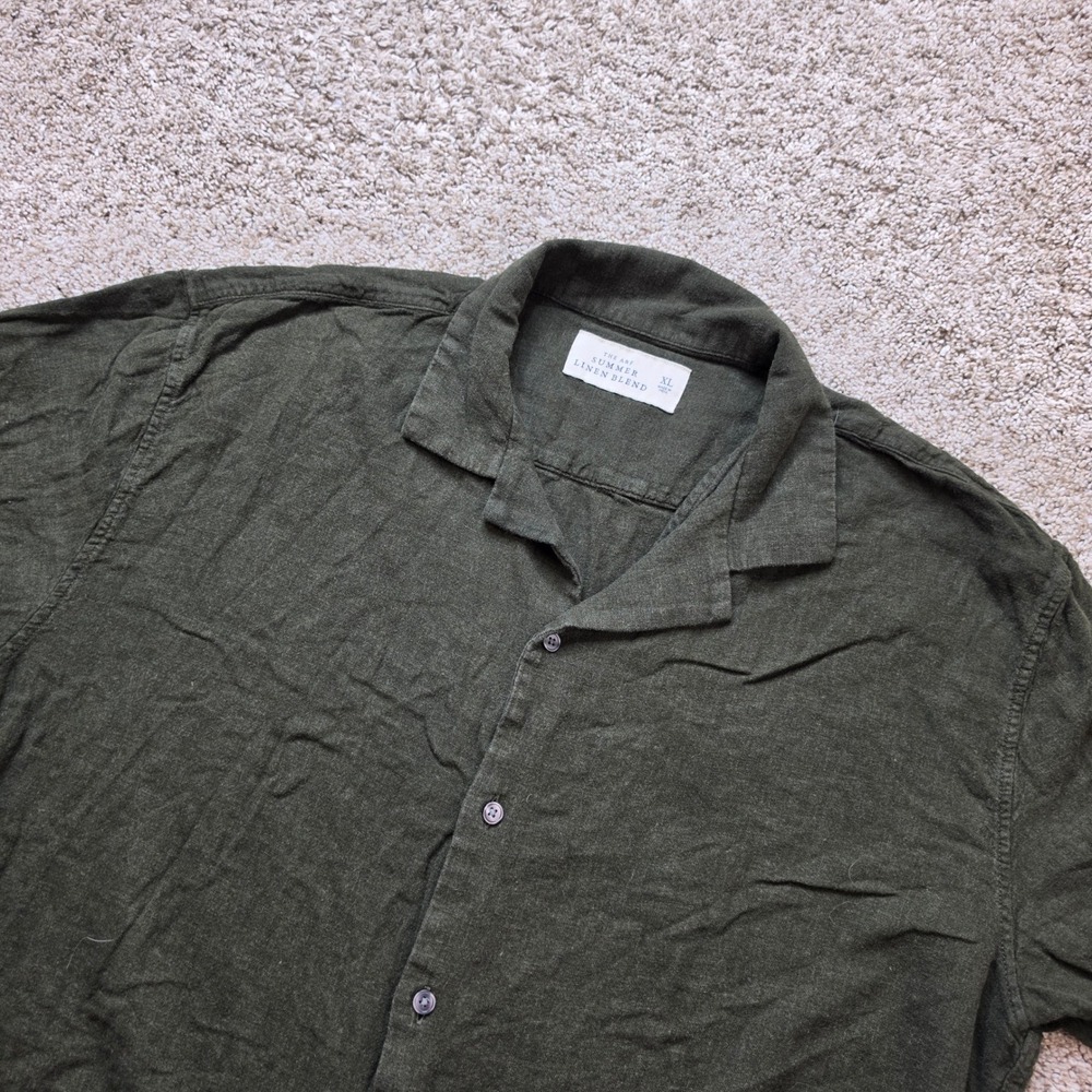 Abercrombie & Fitch Shirt Mens XL Linen Blend Olive Green Camp Collar Adult